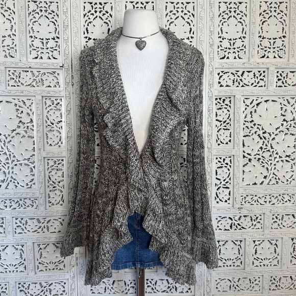INC International Concepts Brown Gray Marled Ruffle Y2K Style Longline Cardigan - Picture 1 of 7